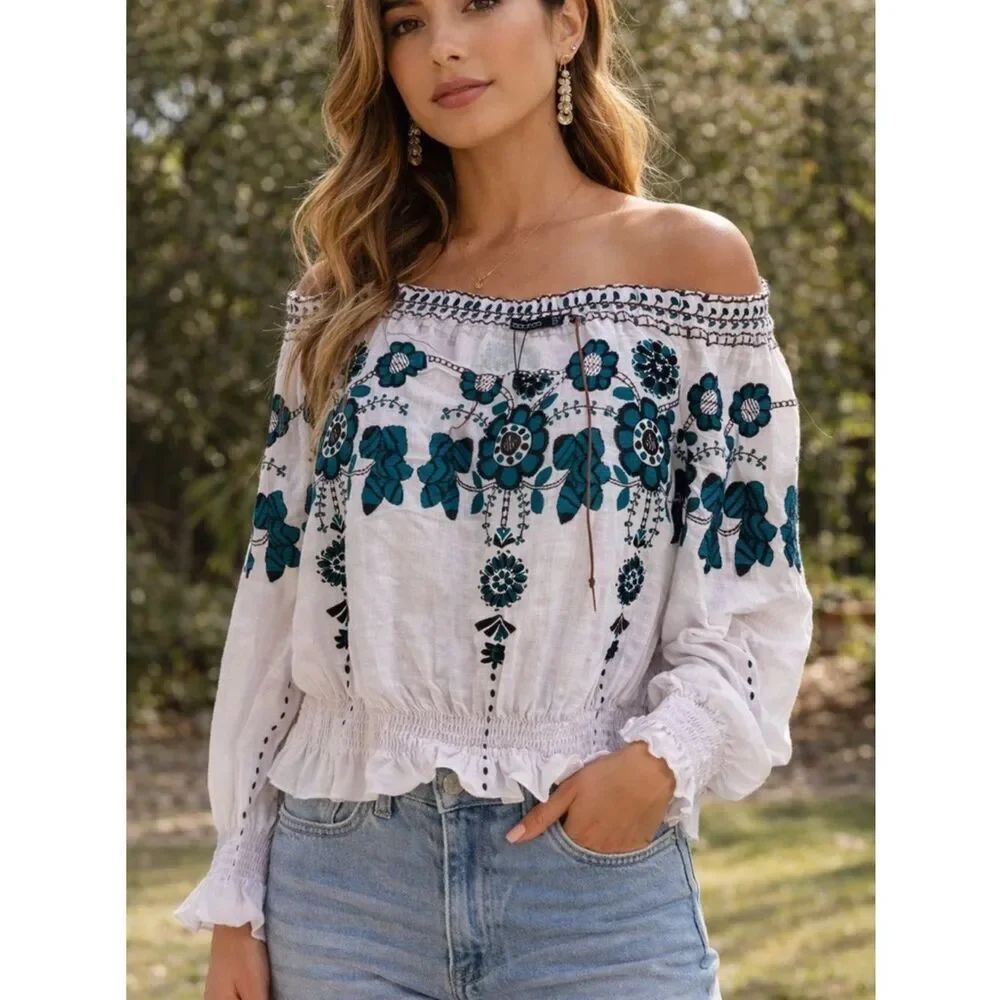 Boohoo White Off-Shoulder Top with Teal Floral Embroidery Boho Chic
